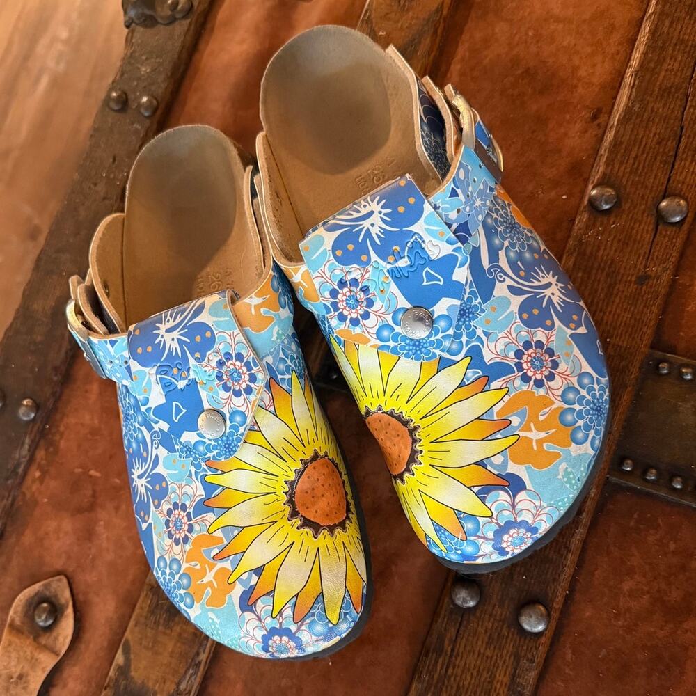 Birki's by Birkenstock Blue Floral with Sunflowers clogs